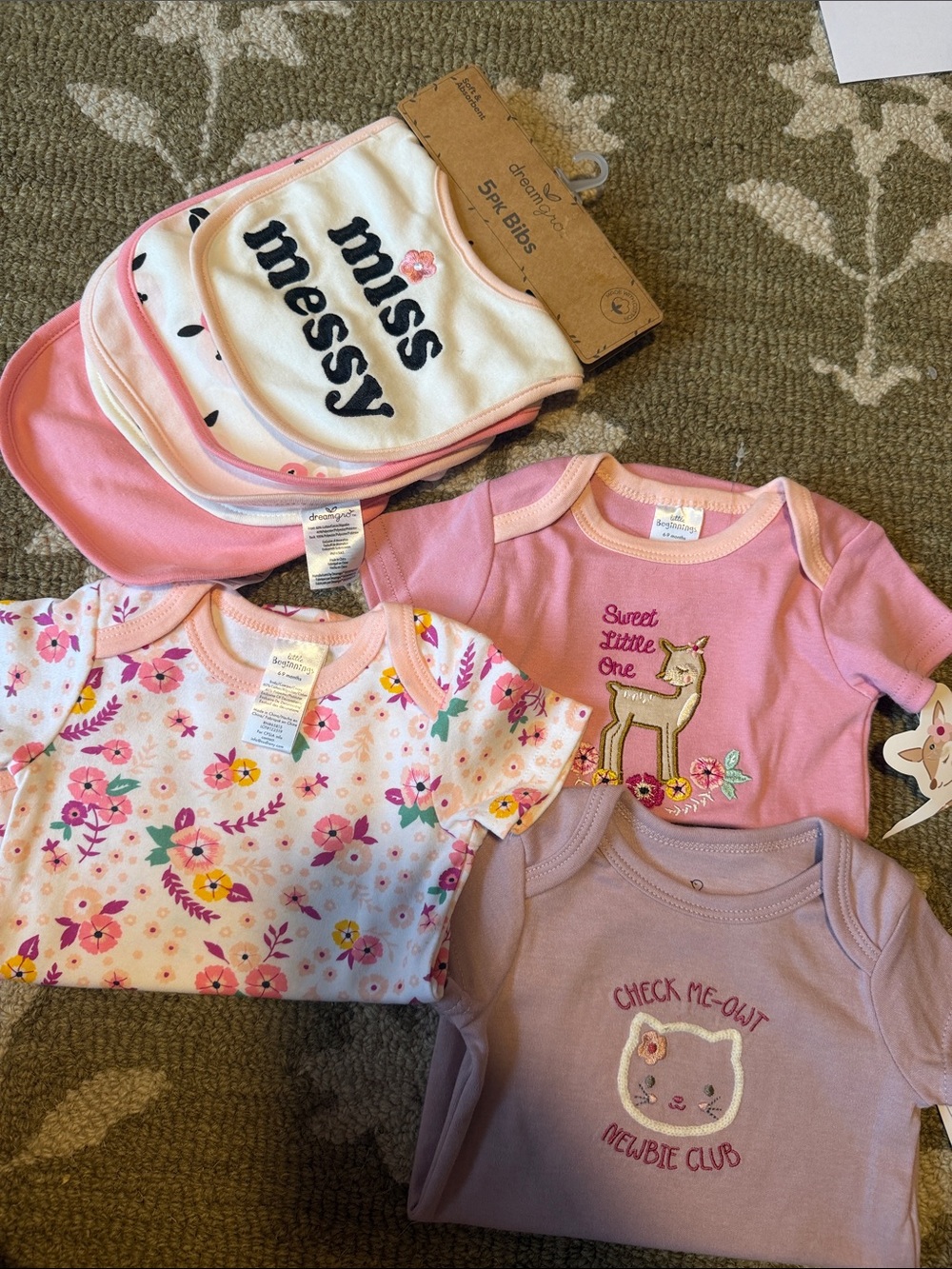 Baby Girl Onesies and Bibs - floral, cat, deer. 6-9mo NET